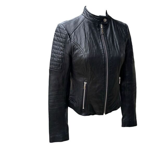 Wilsons Genuine Leather Motor Jacket Black Full Zip Quilted Shoulder Size XS VTG - Picture 10 of 12